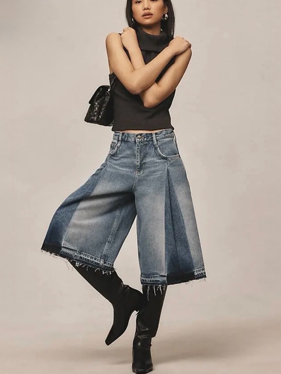 Pilcro Denim - Pilcro Pleated Culotte Jeans Size 27 Wide Leg Denim Raw Hem Anthropologie EUC